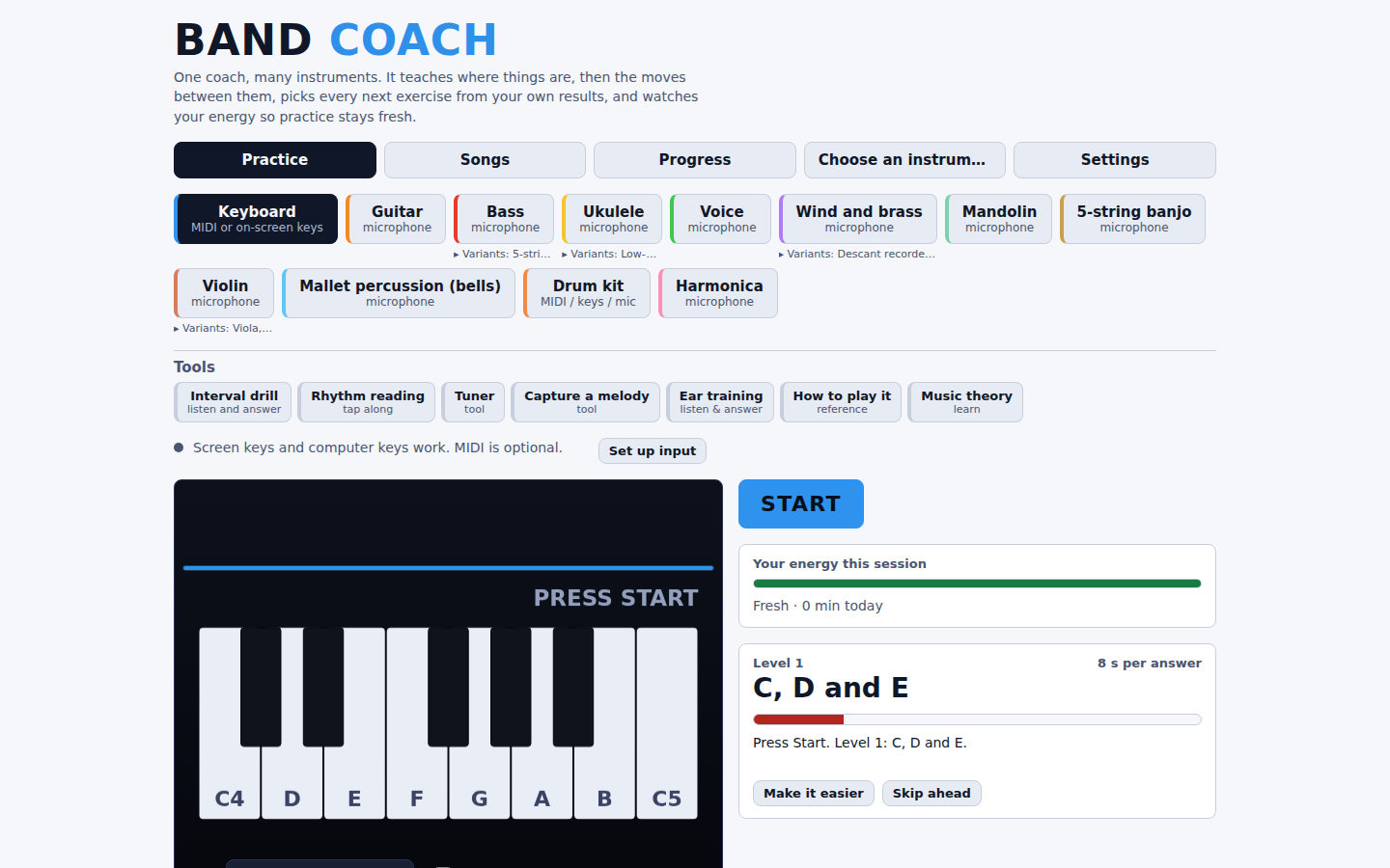 The instrument picker, open the way a first-time learner sees it: 28 instruments grouped by family, with a Tools row for Ear training, How to play it and Music theory