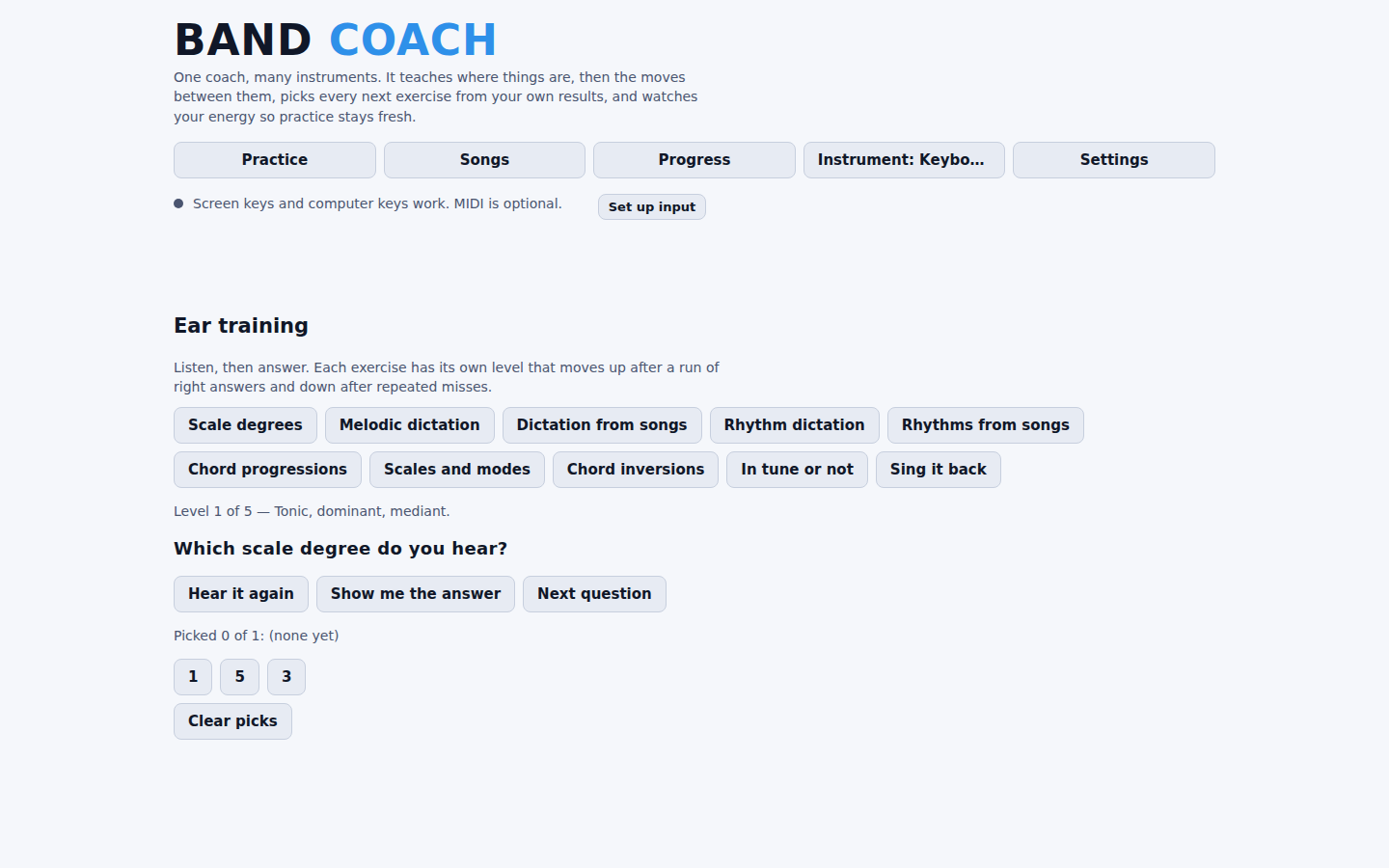 The Ear training panel, showing eight exercise categories — scale degrees, melodic dictation, rhythm dictation, chord progressions, scales and modes, chord inversions, in tune or not, sing it back — and a scale-degree question in progress