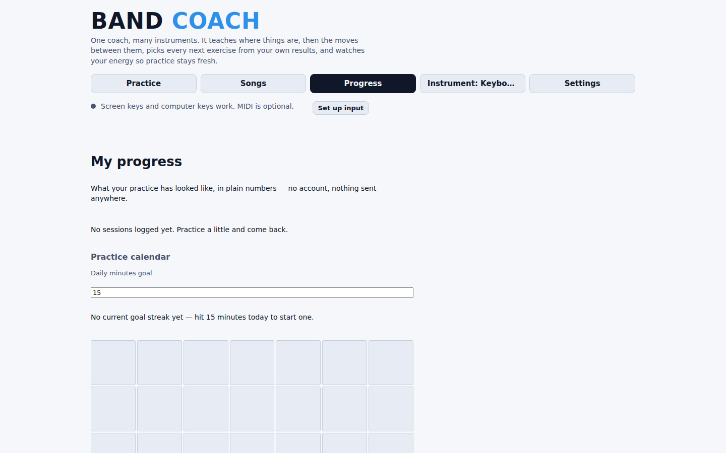 My progress, reached from the nav bar: the practice calendar and a daily minutes goal, before any session has been logged