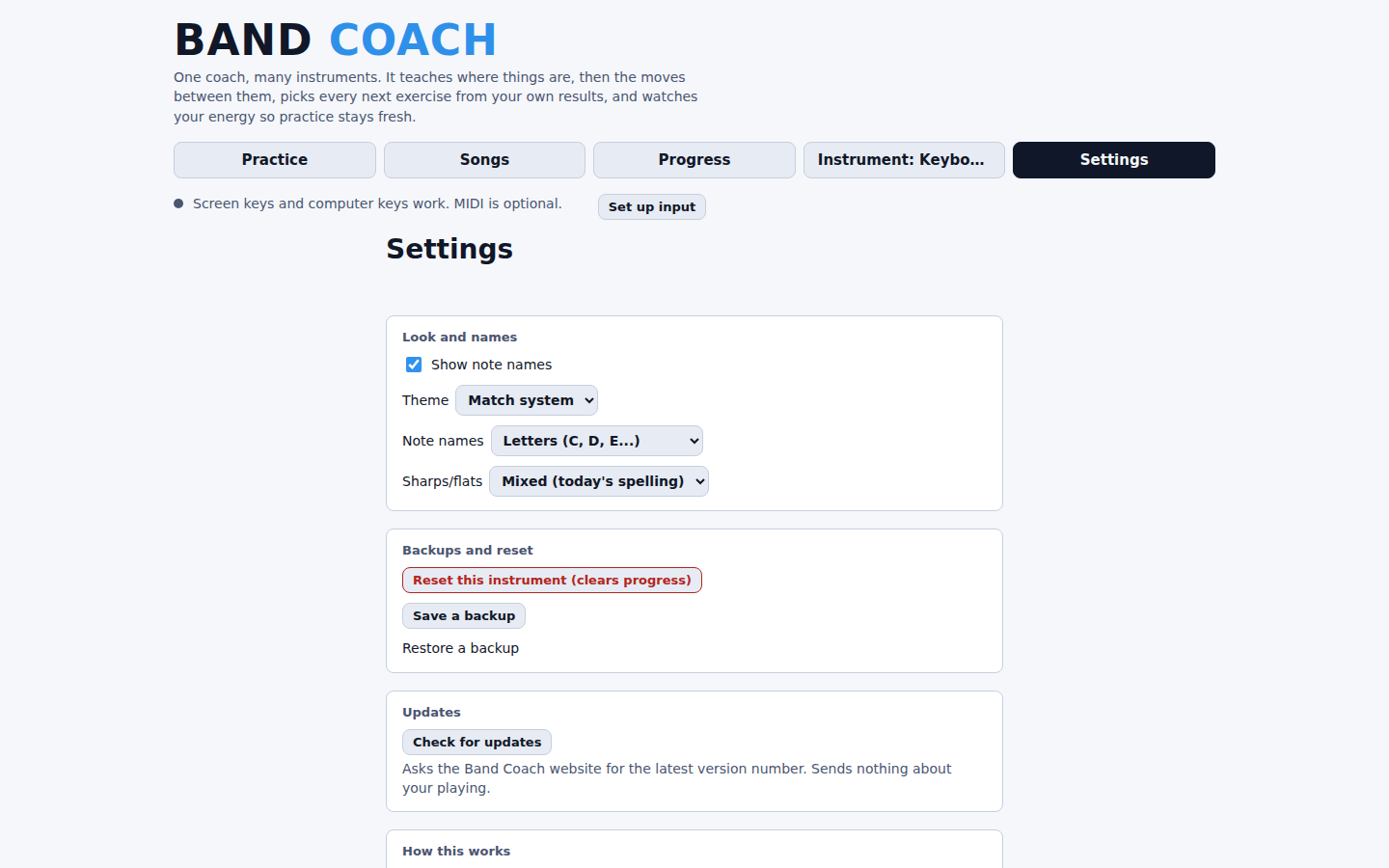 The Settings screen, reached from the nav bar: theme options, Save a backup and Restore a backup, and Check for updates