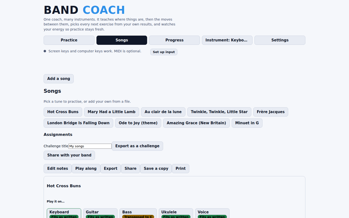 Hot Cross Buns opened from Songs, showing its Edit notes / Play along / Export / Share / Save a copy row and the Play it on… instrument cards for its first step