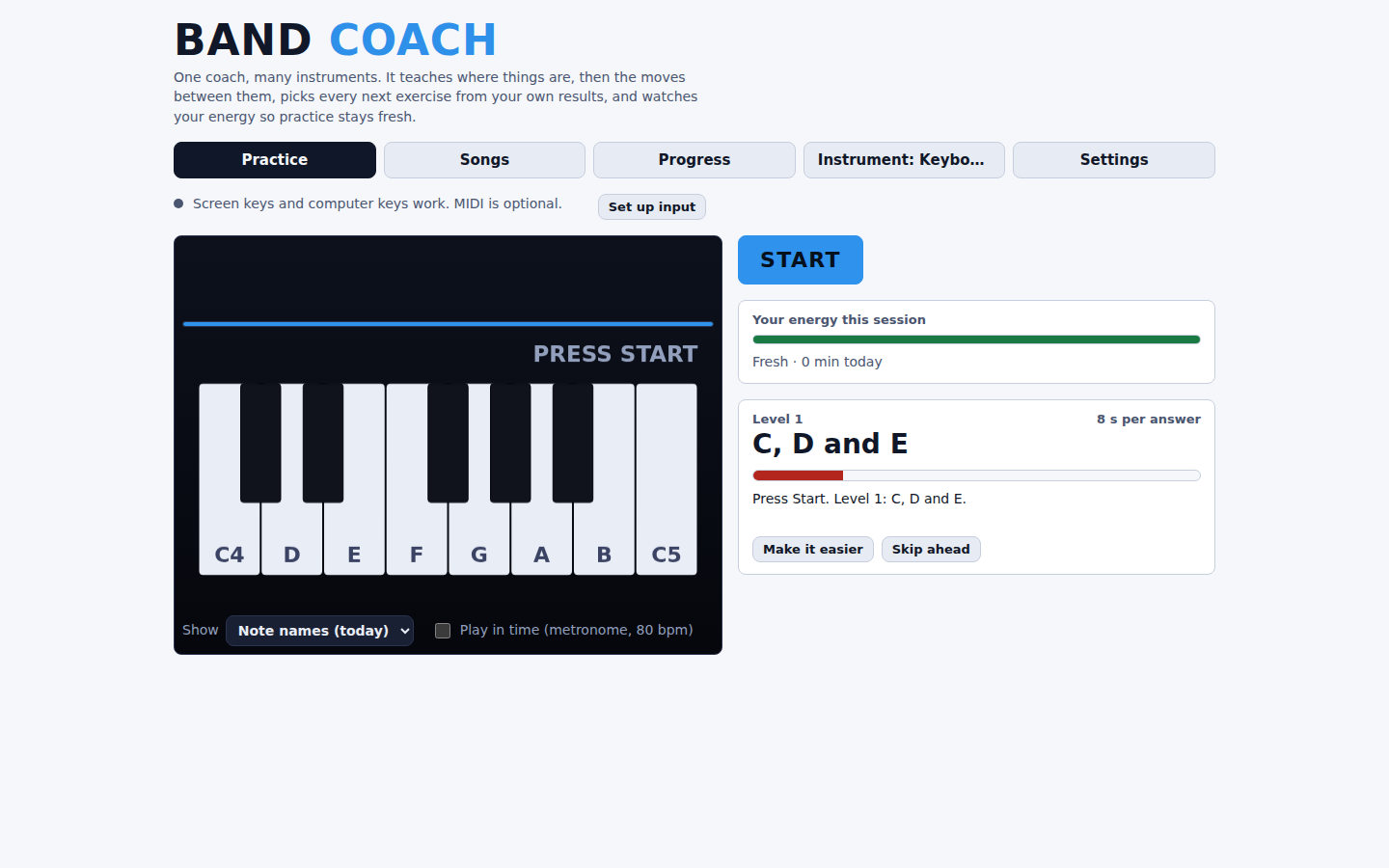 Band Coach's keyboard trainer: the Practice / Songs / Progress / Instrument / Settings nav bar above an on-screen keyboard below the current level, a Start button, an energy meter for the session, and a level-progress bar in the side panel