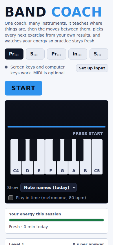 The same keyboard trainer at phone width, 390 pixels wide, with the 5-item nav bar still on screen